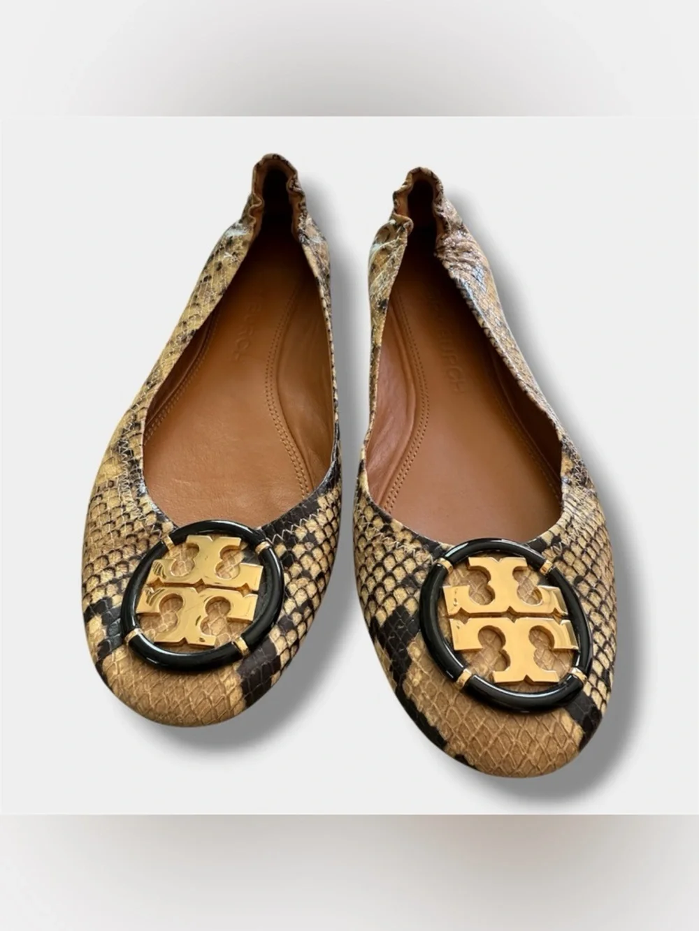 Tory Burch Snake Print Flats Gold Logo Medallion Ballet Shoes Women’s 10M